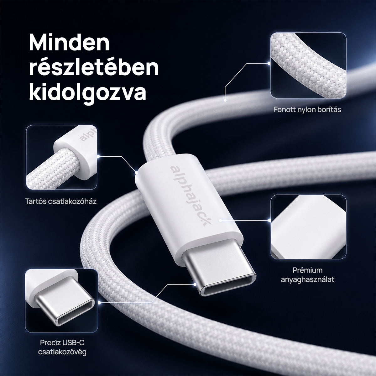 Alphajack USB-C USB-C 1MW- 60W adat és töltő kábel fehér 1m-9