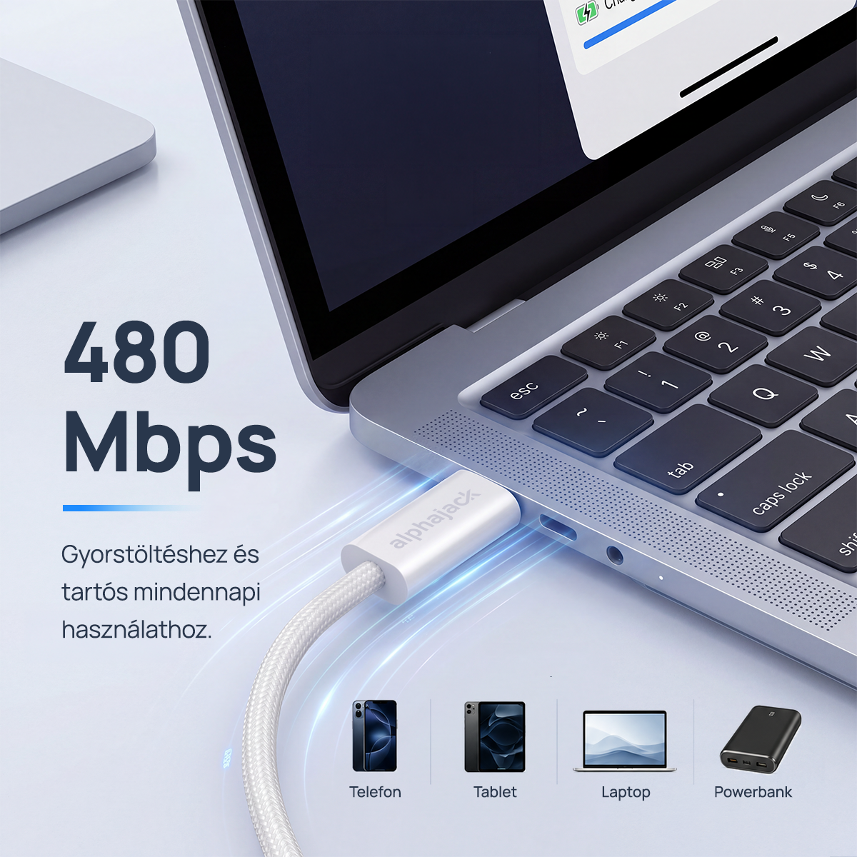 Alphajack USB-C USB-C 1MW- 60W adat és töltő kábel fehér 1m-7