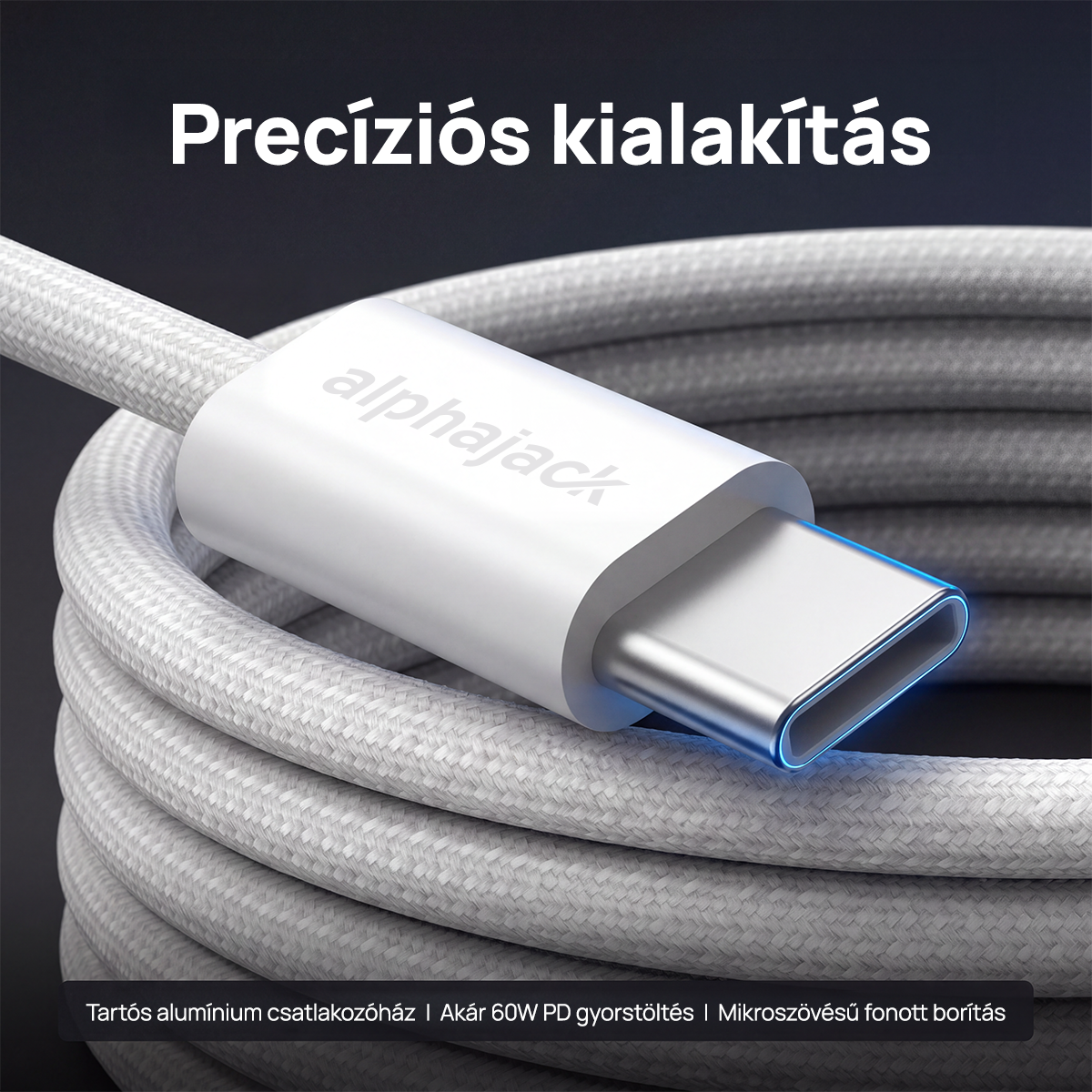 Alphajack USB-C USB-C 1MW- 60W adat és töltő kábel fehér 1m-5