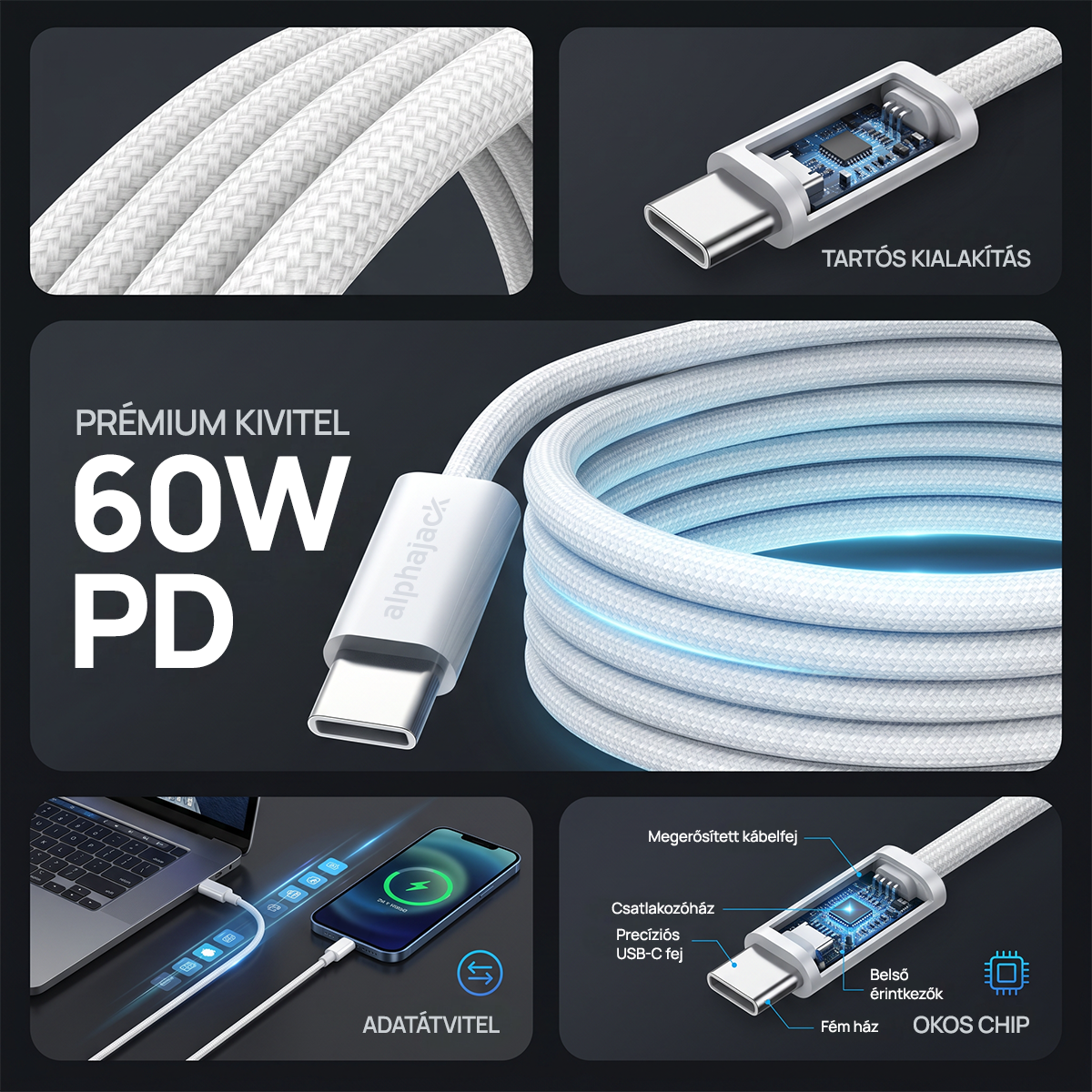 Alphajack USB-C USB-C 1MW- 60W adat és töltő kábel fehér 1m-3