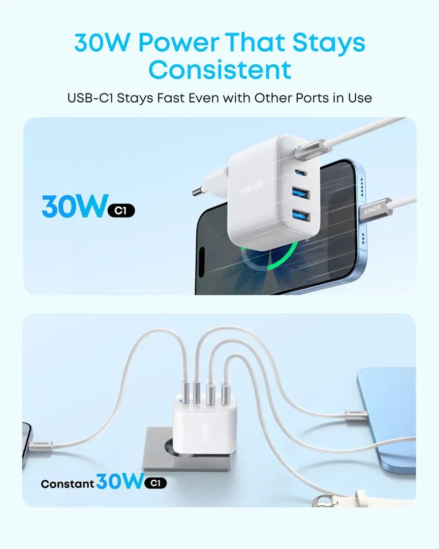 Anker Zolo fali töltő, 50W, 3A, 2 x USB-A - 2 x USB-C, fehér-1