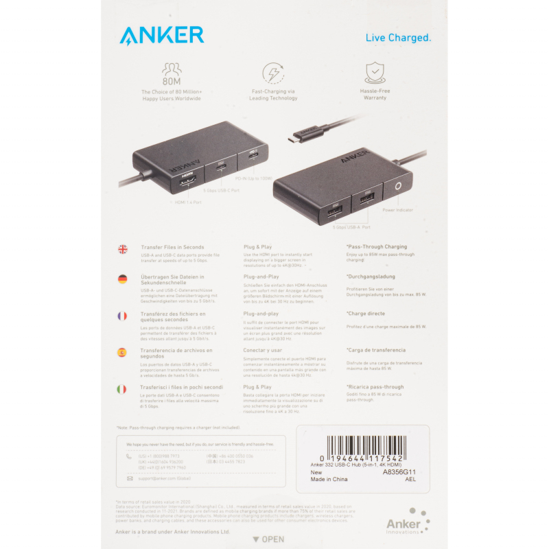 USB-C Hub Anker 332, 2 x USB-A - 2 x USB-C - 1 x HDMI, Fekete A8356G11-6