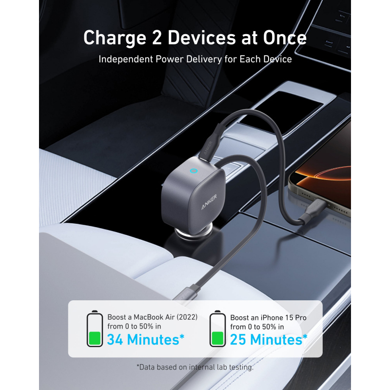 Anker Nano autós töltő, 75W, 3A, 1 x USB-C, USB-C kábellel, Szürke A2738HA2-1
