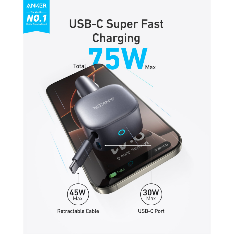 Anker Nano autós töltő, 75W, 3A, 1 x USB-C, USB-C kábellel, Szürke A2738HA2-4