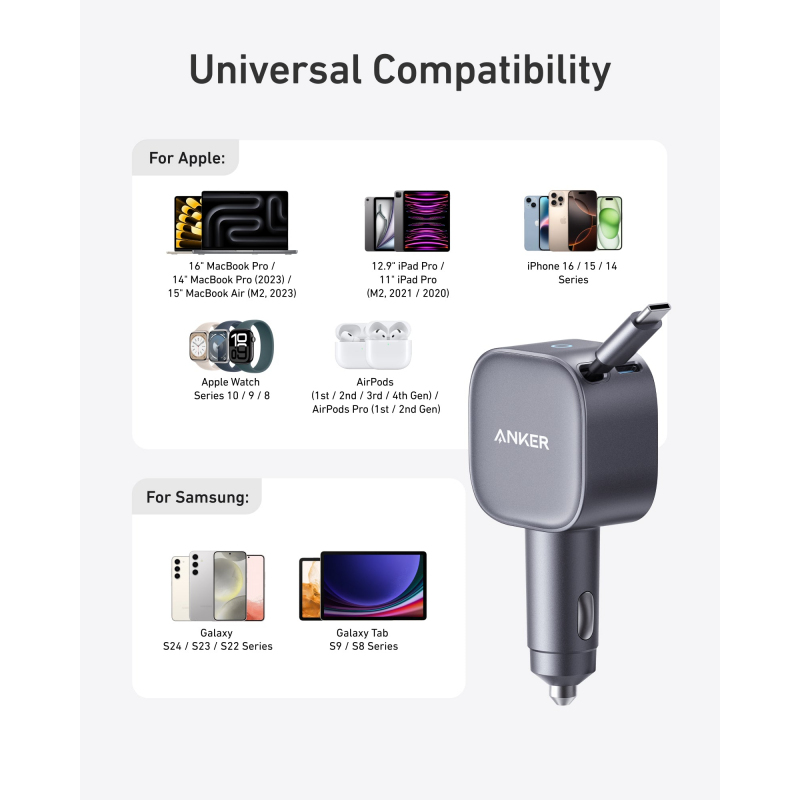 Anker Nano autós töltő, 75W, 3A, 1 x USB-C, USB-C kábellel, Szürke A2738HA2-5