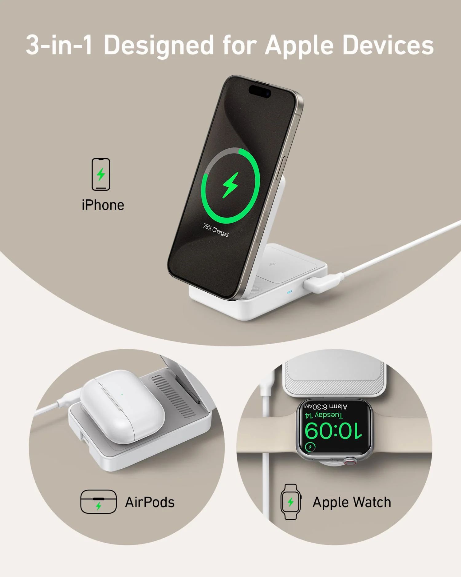 Anker Vezeték nélküli töltőállomás MagGo 3in1, 15W, 1.67A, Fehér B2557321-3