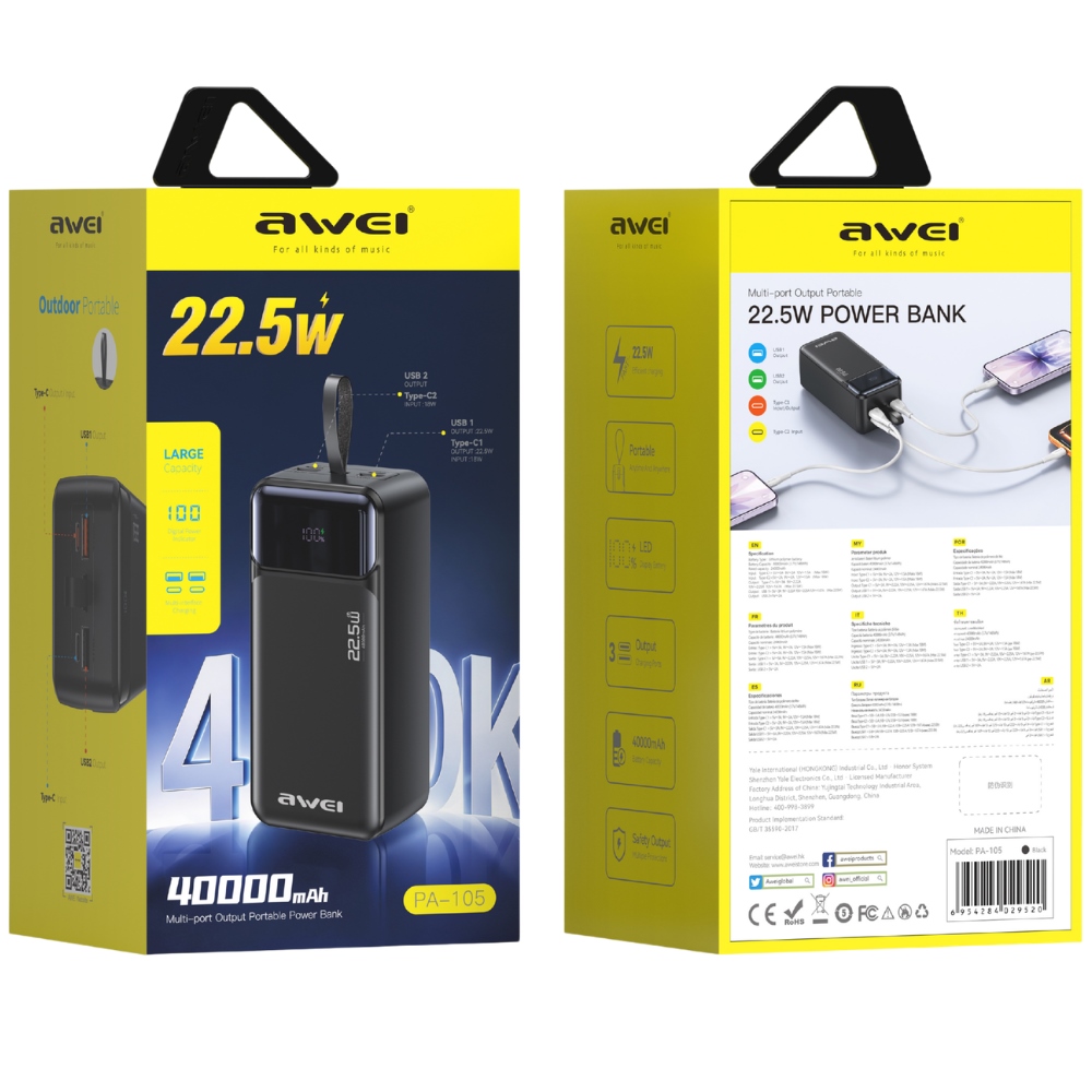 Awei PA-105 40000 mAh 22,5 W PD fekete powerbank-2
