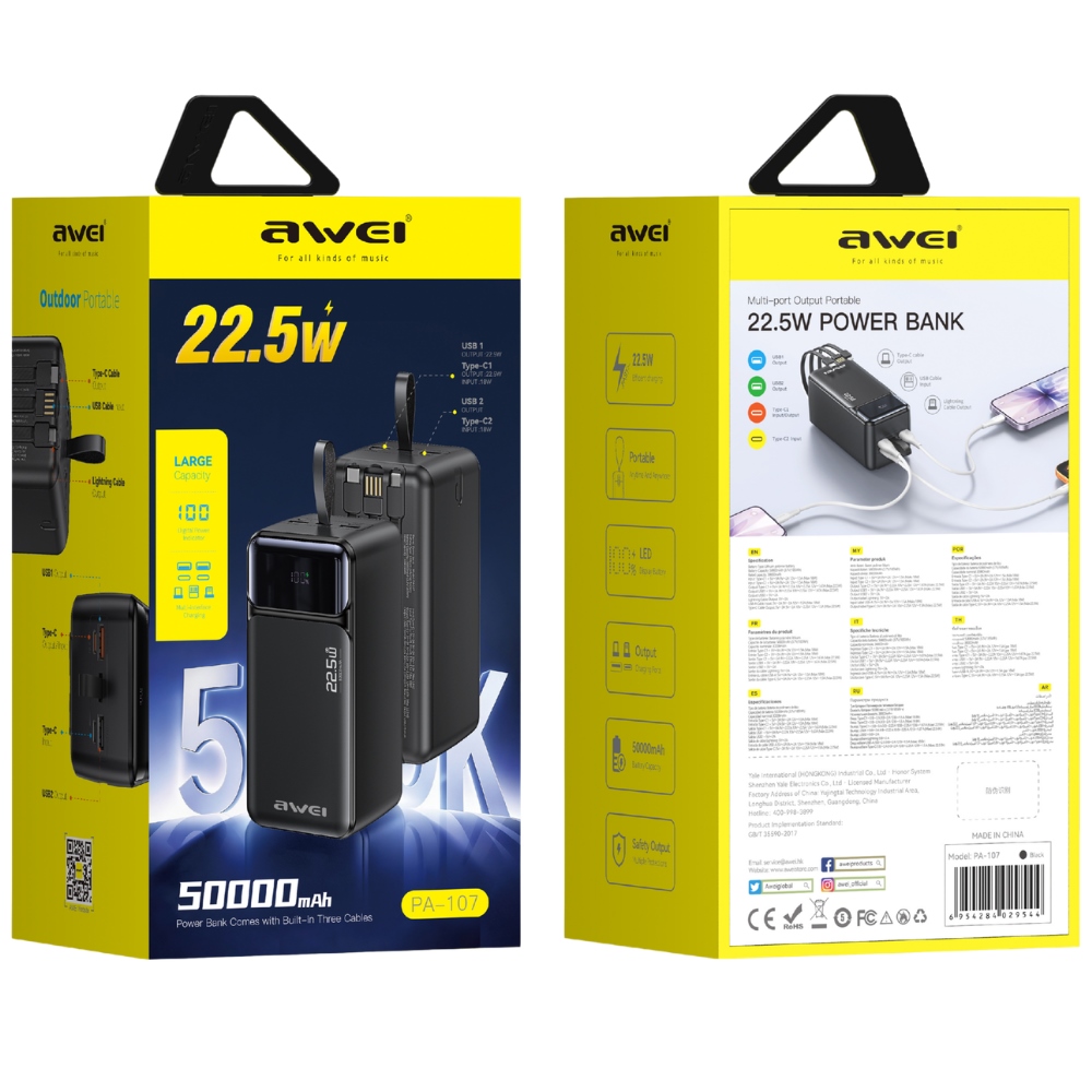 Awei PA-107 50000 mAh 22,5 W PD powerbank, fekete-1