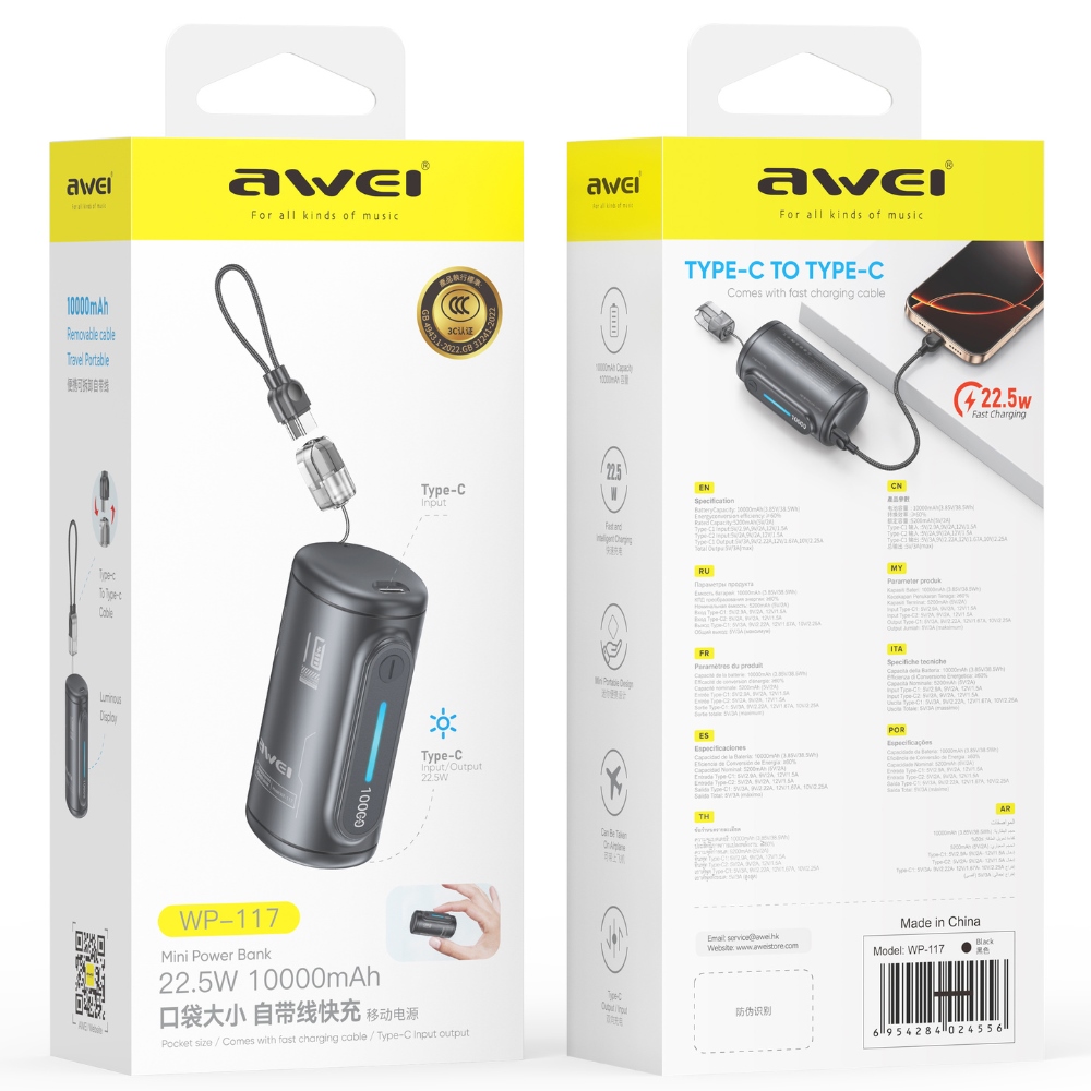 Awei WP-117 10000 mAh 22,5 W 3C 2× USB-C fekete külső akkumulátor, powerbank-2