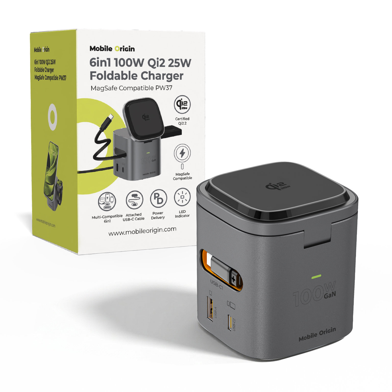 Mobile Origin PW37 6 az 1-ben összecsukható töltő, 100W Qi2 25W, MagSafe kompatibilis-0