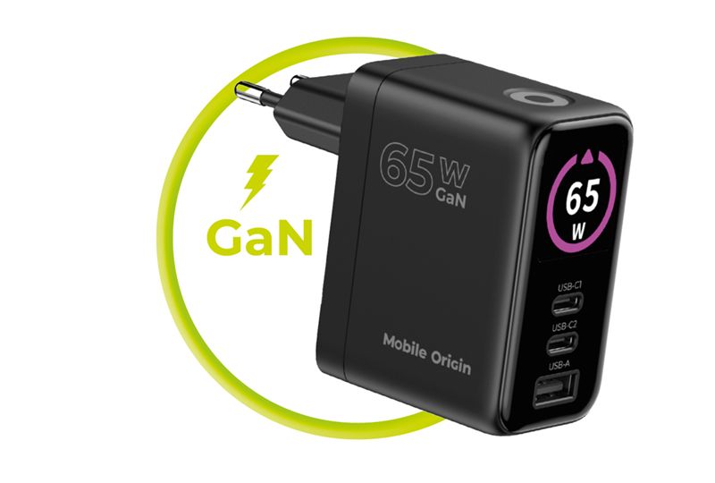 Mobile Origin PW20 65 W GaN hálózati töltő kijelzővel, 2× USB-C és USB-A, fekete-11
