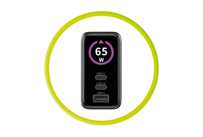 Mobile Origin PW20 65 W GaN hálózati töltő kijelzővel, 2× USB-C és USB-A, fekete-10