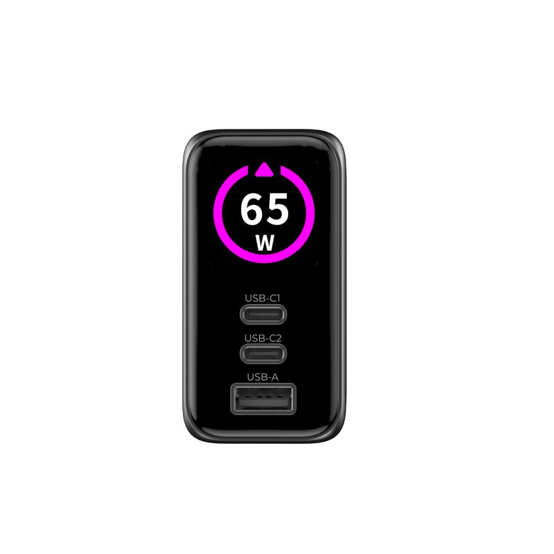 Mobile Origin PW20 65 W GaN hálózati töltő kijelzővel, 2× USB-C és USB-A, fekete-6