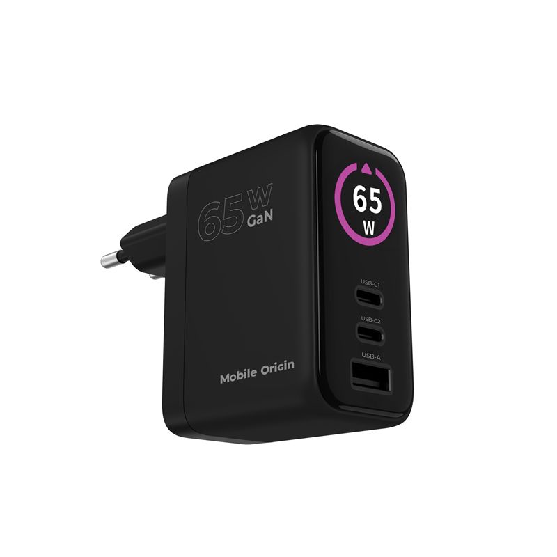 Mobile Origin PW20 65 W GaN hálózati töltő kijelzővel, 2× USB-C és USB-A, fekete-5