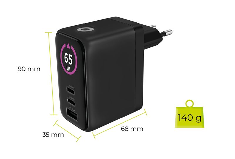 Mobile Origin PW20 65 W GaN hálózati töltő kijelzővel, 2× USB-C és USB-A, fekete-4