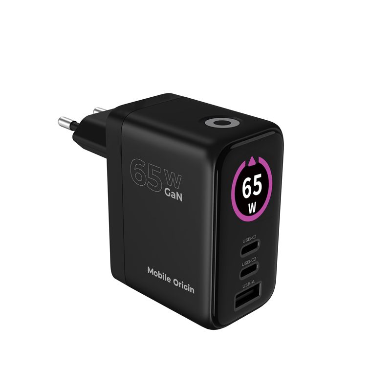 Mobile Origin PW20 65 W GaN hálózati töltő kijelzővel, 2× USB-C és USB-A, fekete-3