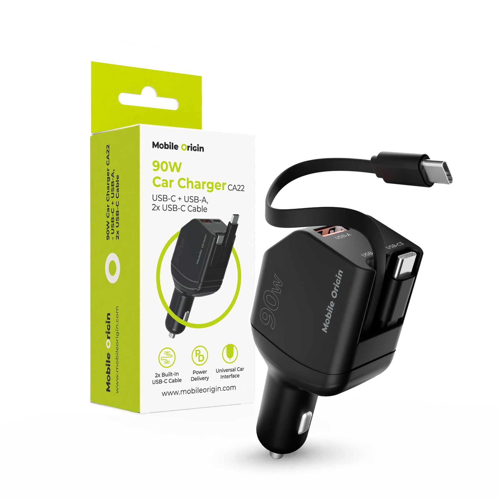 Mobile Origin CA22 90 W-os autós töltő USB-C és USB-A csatlakozóval, 2 db USB-C kábellel, fekete-0