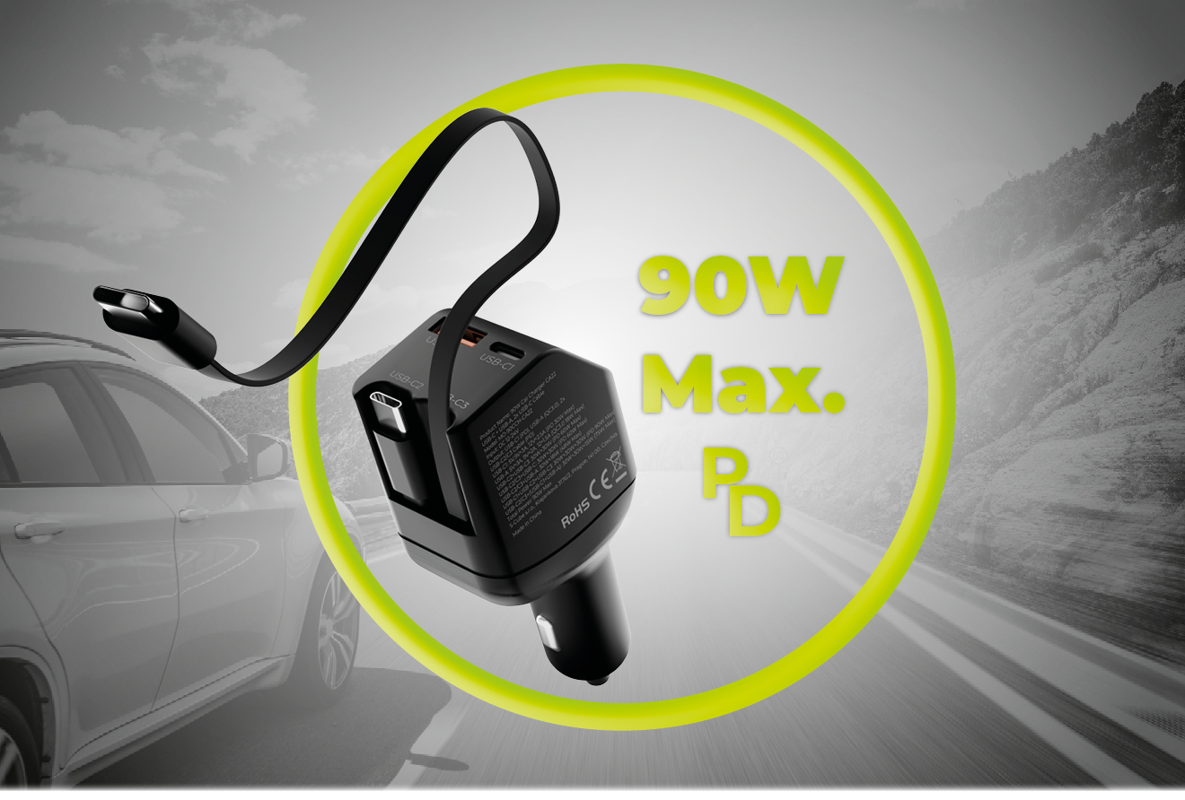 Mobile Origin CA22 90 W-os autós töltő USB-C és USB-A csatlakozóval, 2 db USB-C kábellel, fekete-3