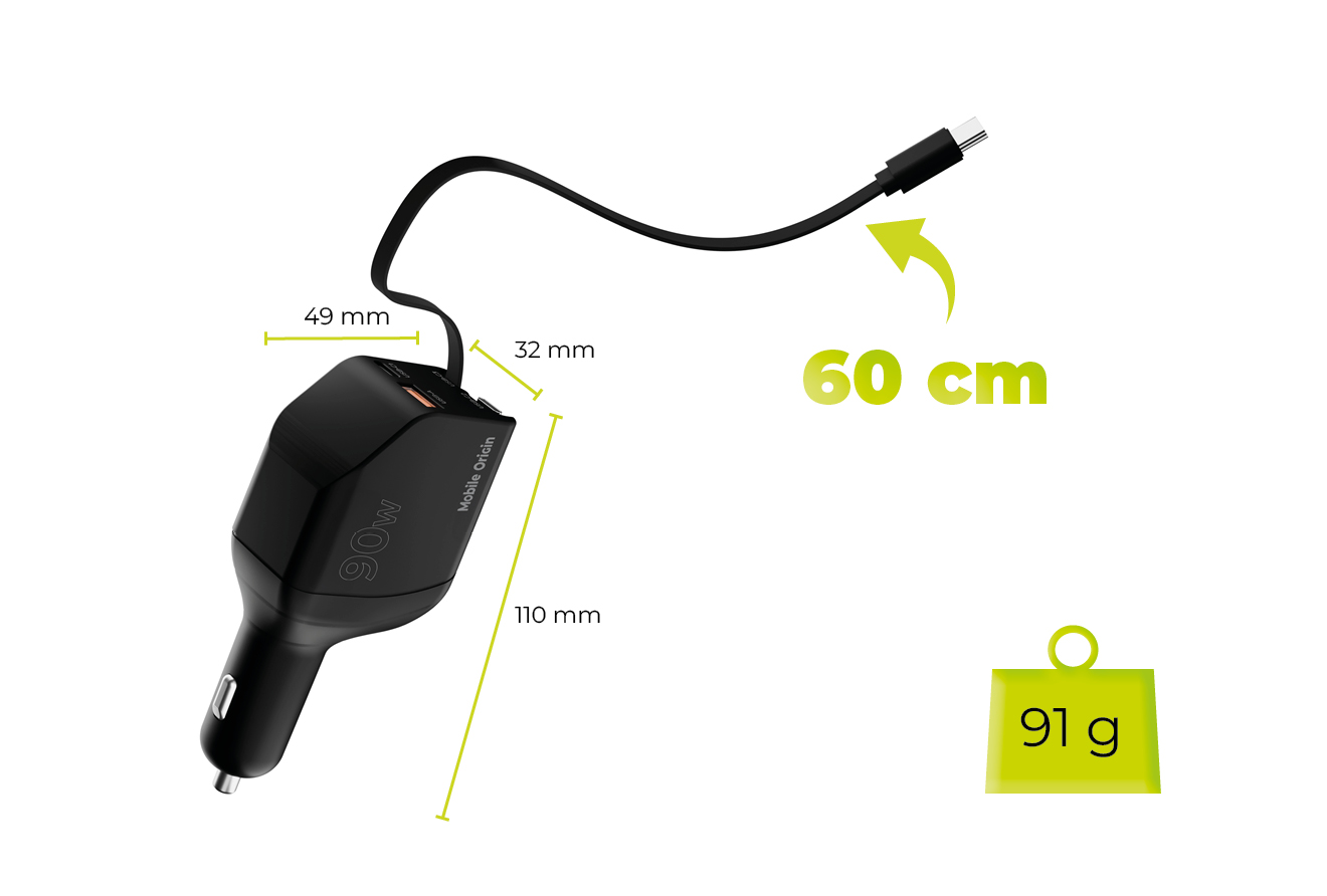 Mobile Origin CA22 90 W-os autós töltő USB-C és USB-A csatlakozóval, 2 db USB-C kábellel, fekete-2