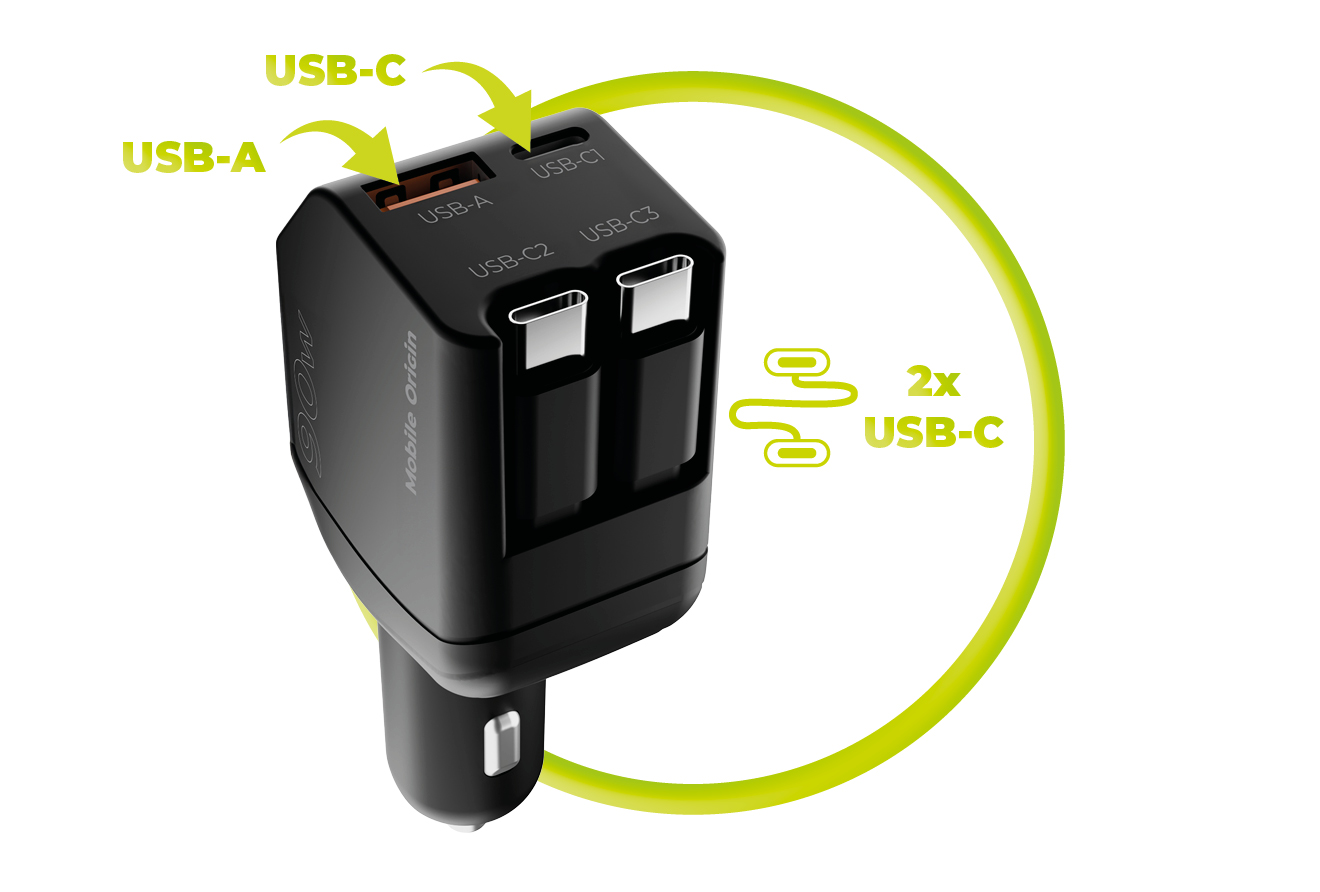 Mobile Origin CA22 90 W-os autós töltő USB-C és USB-A csatlakozóval, 2 db USB-C kábellel, fekete-14