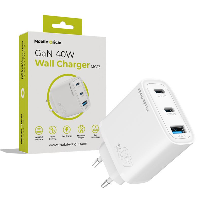Mobile Origin GaN 40W fali töltő MO13 fehér, 1 USB-A és 2 USB-C-0