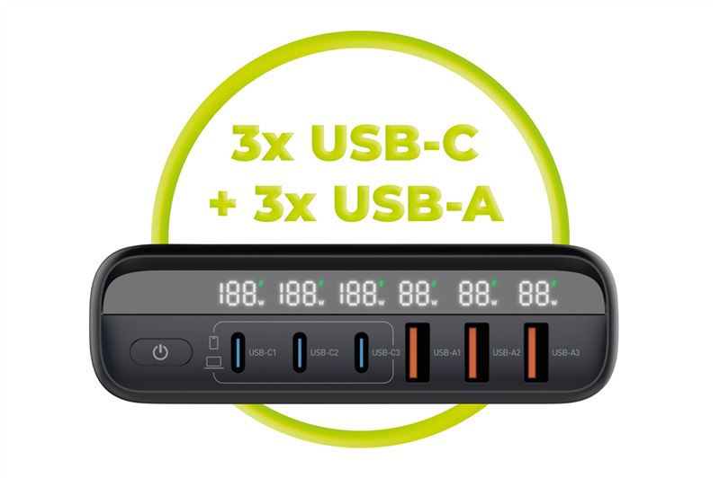 Mobile Origin PW12 GaN 140W utazási töltőállomás EU/UK/US adapterekkel, 3x USB-C + 3x USB-A-12