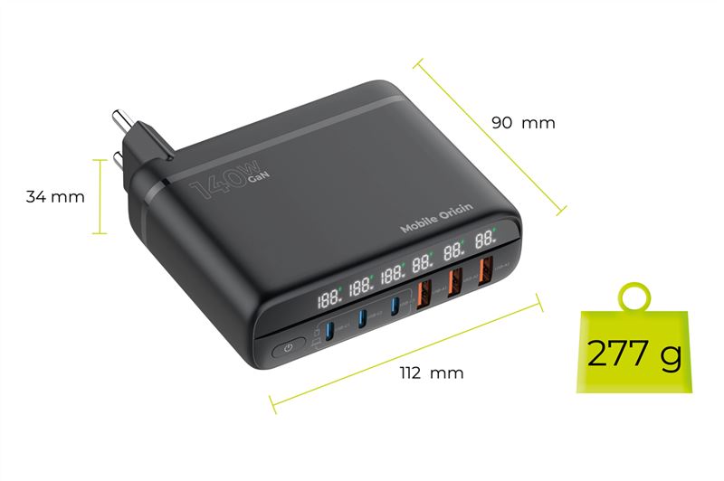 Mobile Origin PW12 GaN 140W utazási töltőállomás EU/UK/US adapterekkel, 3x USB-C + 3x USB-A-8