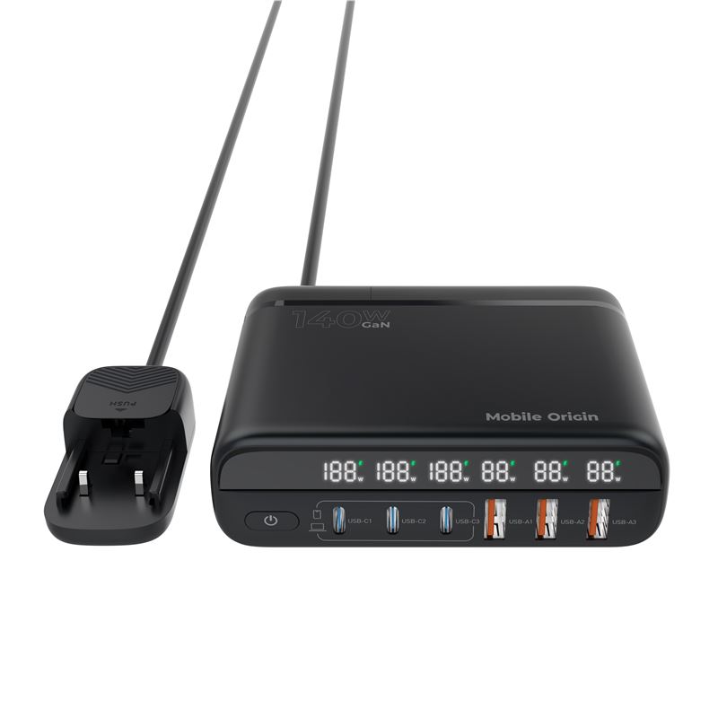 Mobile Origin PW12 GaN 140W utazási töltőállomás EU/UK/US adapterekkel, 3x USB-C + 3x USB-A-6