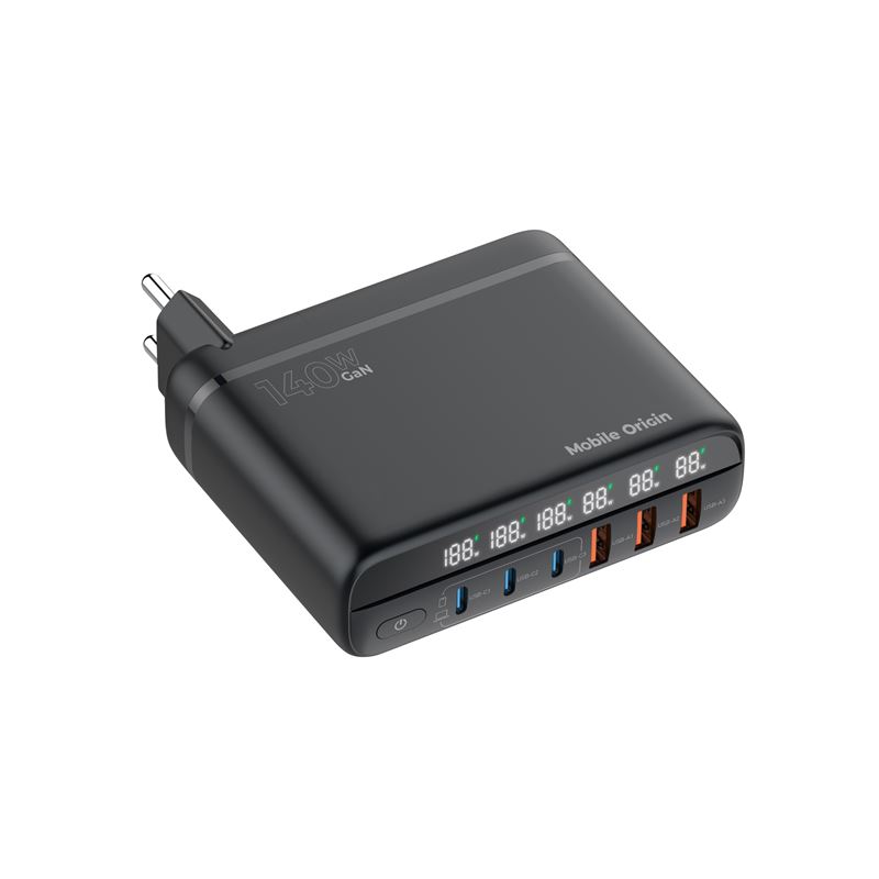 Mobile Origin PW12 GaN 140W utazási töltőállomás EU/UK/US adapterekkel, 3x USB-C + 3x USB-A-3