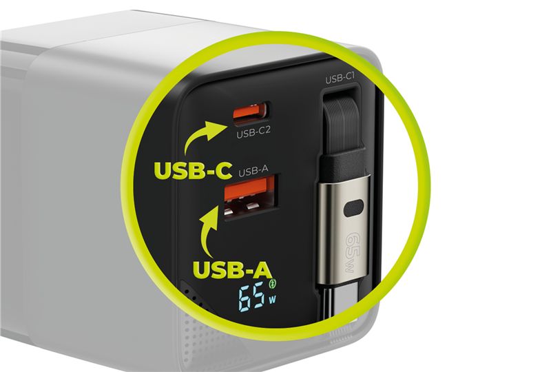 Mobile Origin 65 W-os GaN PW2 kijelzős hálózati töltő felcsévélhető USB-C kábellel, USB-C és USB-A csatlakozóval-10