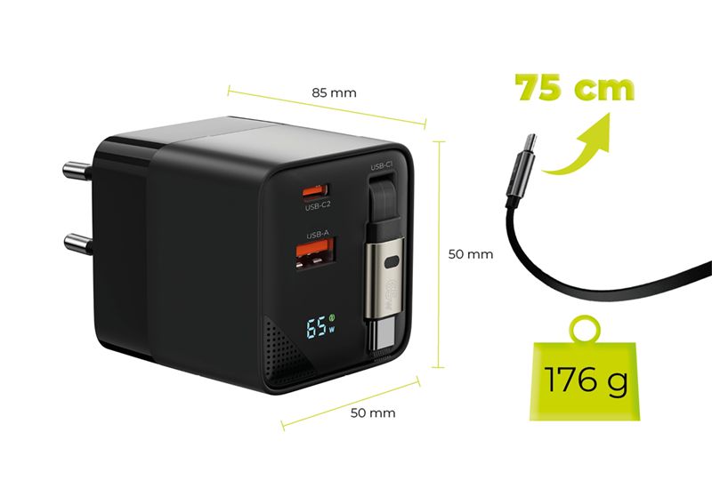 Mobile Origin 65 W-os GaN PW2 kijelzős hálózati töltő felcsévélhető USB-C kábellel, USB-C és USB-A csatlakozóval-8