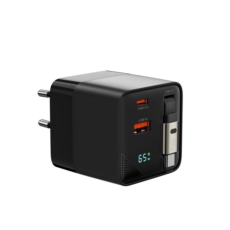 Mobile Origin 65 W-os GaN PW2 kijelzős hálózati töltő felcsévélhető USB-C kábellel, USB-C és USB-A csatlakozóval-7