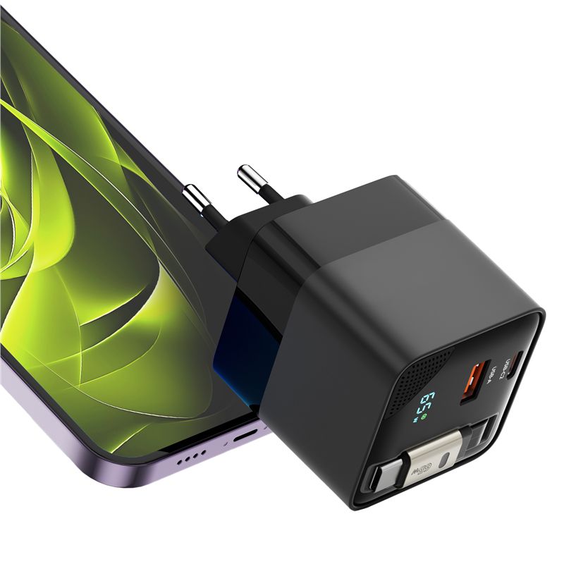 Mobile Origin 65 W-os GaN PW2 kijelzős hálózati töltő felcsévélhető USB-C kábellel, USB-C és USB-A csatlakozóval-5