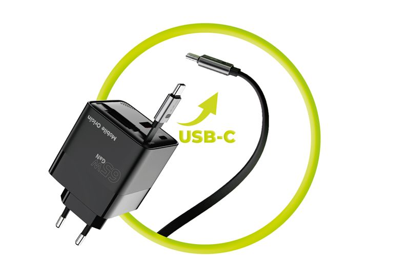 Mobile Origin 65 W-os GaN PW2 kijelzős hálózati töltő felcsévélhető USB-C kábellel, USB-C és USB-A csatlakozóval-4