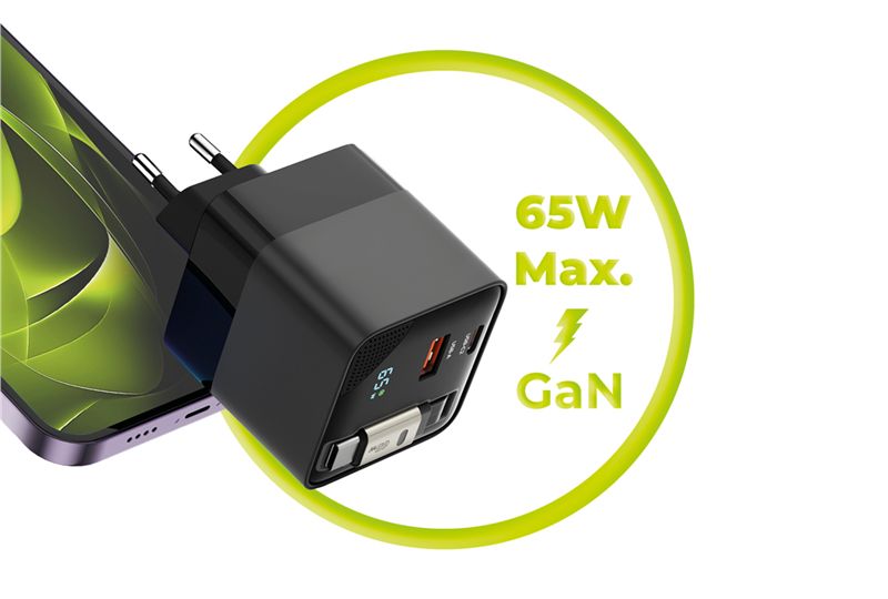 Mobile Origin 65 W-os GaN PW2 kijelzős hálózati töltő felcsévélhető USB-C kábellel, USB-C és USB-A csatlakozóval-3