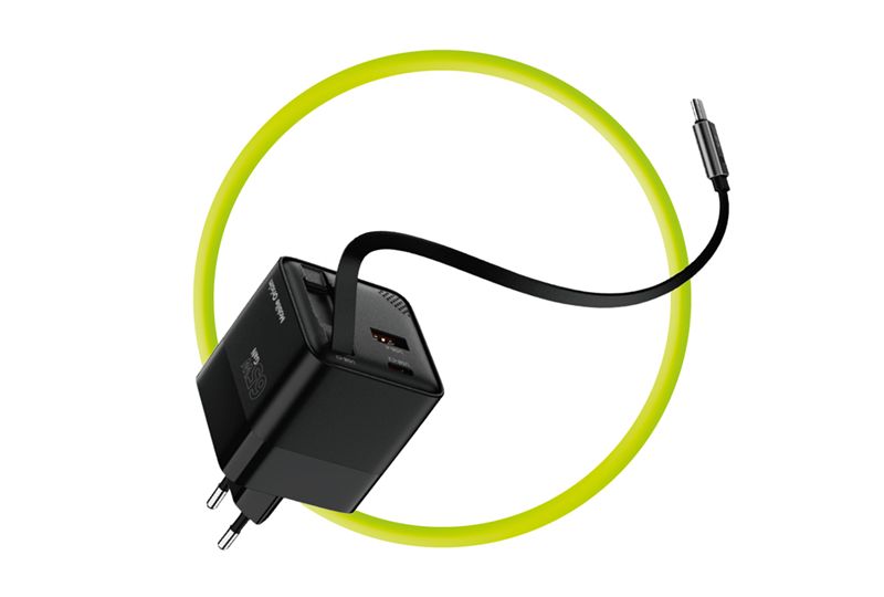 Mobile Origin 65 W-os GaN PW2 kijelzős hálózati töltő felcsévélhető USB-C kábellel, USB-C és USB-A csatlakozóval-1