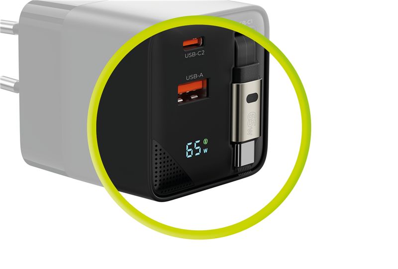 Mobile Origin 65 W-os GaN PW2 kijelzős hálózati töltő felcsévélhető USB-C kábellel, USB-C és USB-A csatlakozóval-11