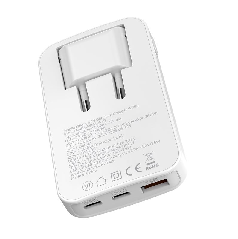 Mobile Origin 65 W GaN III Slim hálózati töltő 2× USB-C és USB-A csatlakozóval, fehér-9