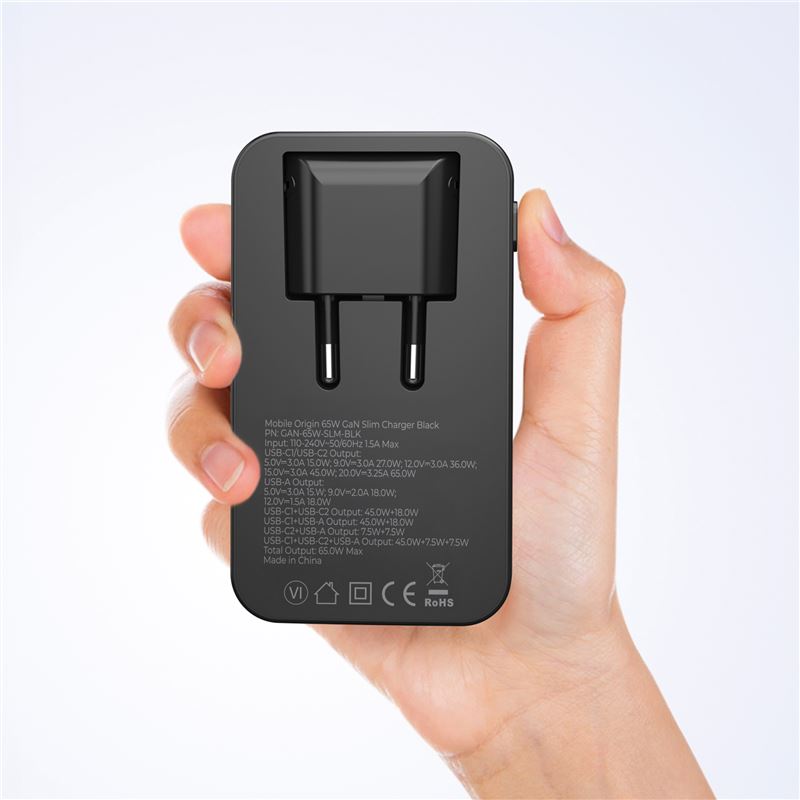 Mobile Origin 65 W GaN III Slim hálózati töltő 2× USB-C és USB-A csatlakozóval, fehér-6