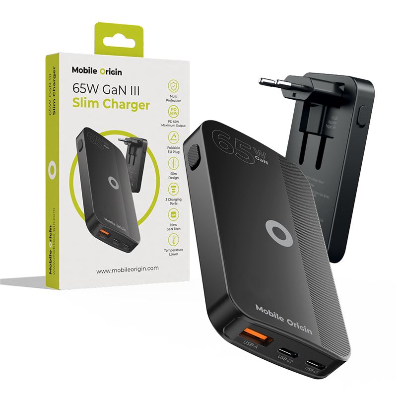 Mobile Origin 65W GaN III Slim hálózati töltő 2× USB-C és USB-A csatlakozóval, fekete-0