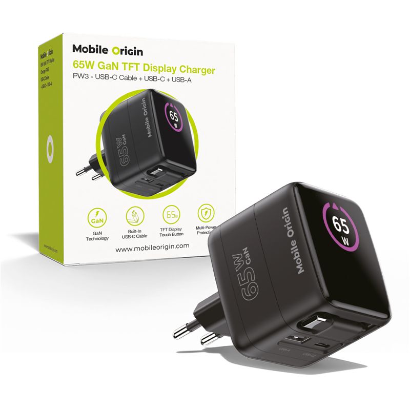 Mobile Origin PW3 65 W-os GaN kijelzős töltő visszahúzható USB-C kábellel, USB-C és USB-A csatlakozóval-0