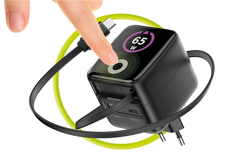 Mobile Origin PW3 65 W-os GaN kijelzős töltő visszahúzható USB-C kábellel, USB-C és USB-A csatlakozóval-9