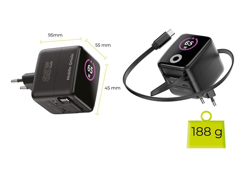 Mobile Origin PW3 65 W-os GaN kijelzős töltő visszahúzható USB-C kábellel, USB-C és USB-A csatlakozóval-10