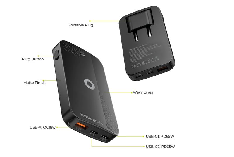Mobile Origin 65W GaN III Slim hálózati töltő 2× USB-C és USB-A csatlakozóval, fekete-9
