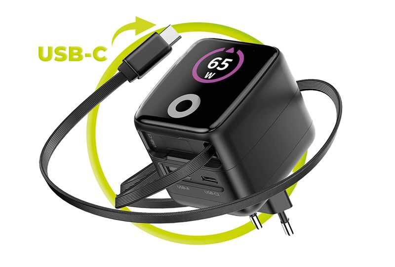 Mobile Origin PW3 65 W-os GaN kijelzős töltő visszahúzható USB-C kábellel, USB-C és USB-A csatlakozóval-8