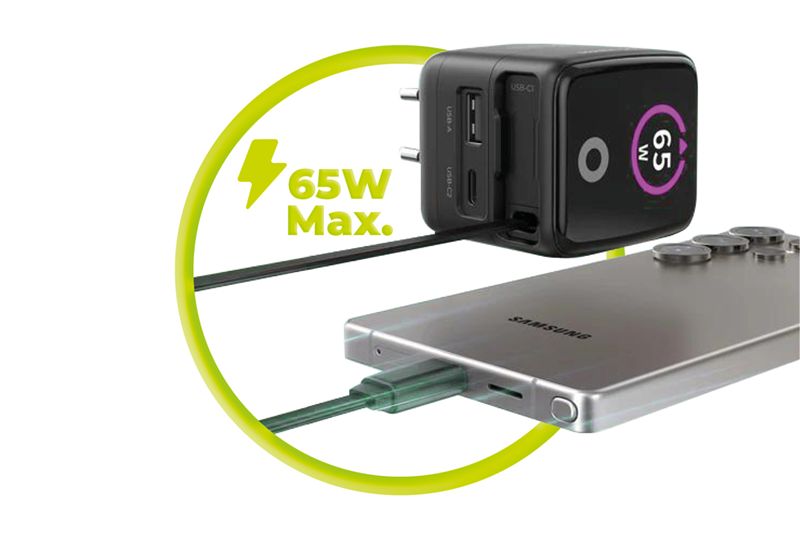Mobile Origin PW3 65 W-os GaN kijelzős töltő visszahúzható USB-C kábellel, USB-C és USB-A csatlakozóval-6