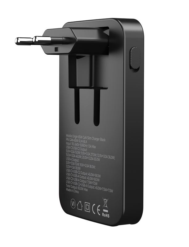 Mobile Origin 65W GaN III Slim hálózati töltő 2× USB-C és USB-A csatlakozóval, fekete-4