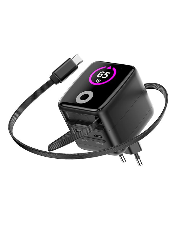 Mobile Origin PW3 65 W-os GaN kijelzős töltő visszahúzható USB-C kábellel, USB-C és USB-A csatlakozóval-2