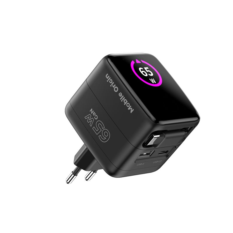Mobile Origin PW3 65 W-os GaN kijelzős töltő visszahúzható USB-C kábellel, USB-C és USB-A csatlakozóval-12