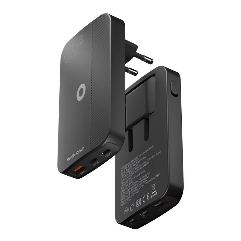 Mobile Origin 65W GaN III Slim hálózati töltő 2× USB-C és USB-A csatlakozóval, fekete-1